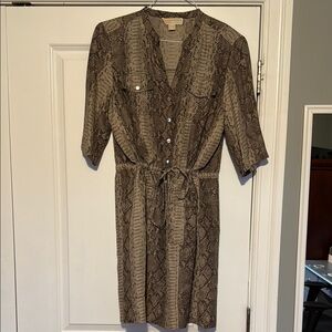 Michael Kors Snake Print Drawstring Shirt Dress in Taupe